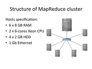 Structure	
  of	
  MapReduce	
  cluster	
  	
  
Hosts	
  speciﬁcaNon:	
  
•  6	
  x	
  8	
  GB	
  RAM	
  
•  2	
  x	
  6-­‐cores	
  Xeon	
  CPU	
  	
  
•  4	
  x	
  2	
  GB	
  HDD	
  
•  1	
  Gb	
  Ethernet	
  
 