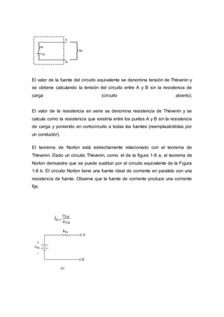 El valor de la fuente del circuito equivalente se denomina tensión de Thévenin y
se obtiene calculando la tensión del circuito entre A y B sin la resistencia de
carga (circuito abierto).
El valor de la resistencia en serie se denomina resistencia de Thévenin y se
calcula como la resistencia que existiría entre los puntos A y B sin la resistencia
de carga y poniendo en cortocircuito a todas las fuentes (reemplazándolas por
un conductor).
El teorema de Norton está estrechamente relacionado con el teorema de
Thévenin. Dado un circuito Thévenin, como el de la figura 1-8 a, el teorema de
Norton demuestra que se puede sustituir por el circuito equivalente de la Figura
1-8 b. El circuito Norton tiene una fuente ideal de corriente en paralelo con una
resistencia de fuente. Observe que la fuente de corriente produce una corriente
fija.
 