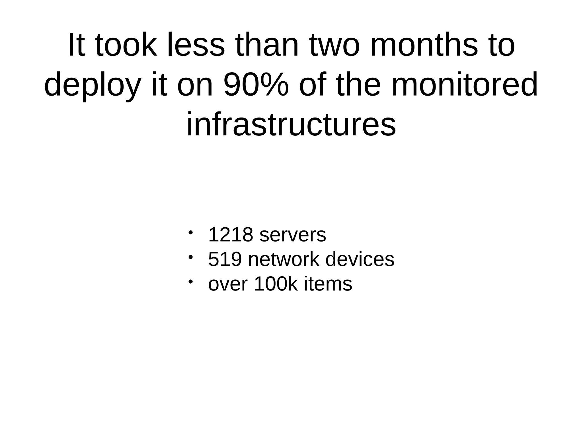 It took less than two months to
deploy it on 90% of the monitored
infrastructures
• 1218 servers
• 519 network devices
• over 100k items
 