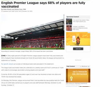 English Premier League says 68% of players are fully vaccinated