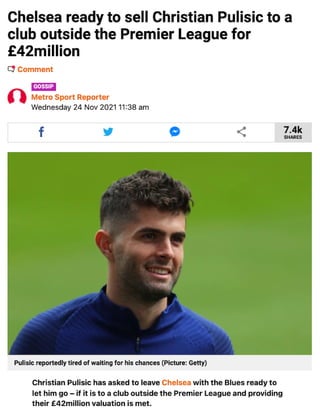 Chelsea ready to sell Christian Pulisic to a club outside the Premier League for £42million