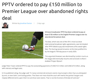 PPTV ordered to pay £150 million to Premier League over abandoned rights deal