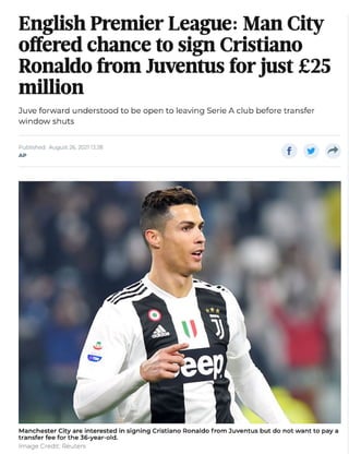 English Premier League: MAn City odffred  chance to sign Cristiano Ronaldo from Juventus for just 25 million