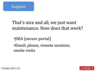 © Zabbix 2015 | 10
•JIRA (secure portal)
•Email, phone, remote sessions,
onsite visits
That's nice and all, we just want
maintenance. How does that work?
Support
 