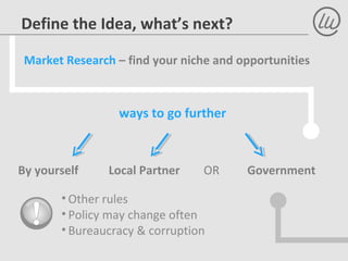 Market Research – find your niche and opportunities
ways to go further
Define the Idea, what’s next?
Local PartnerBy yours...