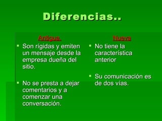 Diferencias.. Antigua. Son rígidas y emiten un mensaje desde la empresa dueña del sitio. No se presta a dejar comentarios y a comenzar una conversación. Nueva No tiene la característica anterior Su comunicación es de dos vías. 