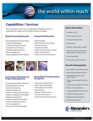 the world within reach

 Capabilities / Services
 Clients around the world count on Alexander’s Mobility Services for
                                                                               About Alexander’s
 comprehensive, single-source mobility solutions, including:
                                                                                Founded in 1953

Global Household Goods                   Corporate Relocation                   Private, woman owned

                                                                                9 companies nationwide

    Household goods transportation       
                                             Benchmarking

    International program                
                                             Administration outsourcing         Global clients

    Custom packing and crating           
                                             Expense tracking

    Long/short term storage              
                                             Tax administration                 ISO 9001: 2000 Quality Certified

    Small/expedited shipment             
                                             Origin and destination services   Atlas Van Lines’ top volume and

    Move management                      
                                             Home sale assistance              quality agent 10 years running

    Reporting/performance statistics     
                                             Career mentoring for spouses
                                                                               Technology leader

                                                                               Vast resources, personal service


                                                                               Awards & Recognition
                                                                                Atlas' Milton M. Hill Quality Award

                                                                                Atlas' Hauling Excellence Award

                                                                                ExxonMobil’s Premier Carrier
Commercial Relocation &                  Specialized Transportation             Service Award
Project Management                       & Logistics
                                                                                Target’s Outstanding Partnership
                                                                                Award

    Comprehensive office relocation      
                                             Electonics transportation
                                             High-value commodities             Transamerica’s Supplier of the Year

    Industrial & plant services          




    General contracting                  
                                             Trade shows and exhibits           MCI/Inc. Proven Performer

    Vendor management                    
                                             Store fixtures
                                                                                Amgen Relocation Partner Award

    Expense tracking and reporting       
                                             Climate control services
                                             Fine art and museums               Andersen Enterprise Award

    Project management/consulting        




    Rigging of equipment                 
                                             Commercial truckload services      Maryland Quality Certificate

    Sensitive equipment handling                                                GAP Gold Fleet Award

    Custom crating and storage

    Asset management

    Inventory control technology




                                                                                           www.alexanders.net
 
