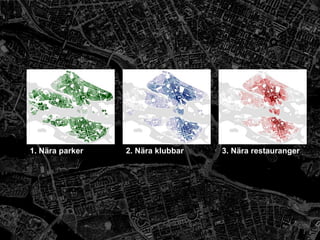 1. Nära parker   2. Nära klubbar   3. Nära restauranger
 