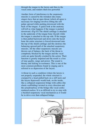 through the tongue to the larynx and thus to the
vocal cords, and renders them less powerful.

Another form of interference to the suspensory
muscles is caused by the mistaken idea many
singers have that an open throat (which all agree is
necessary for singing) involves lifting the soft
palate upward while pushing downward with the
back of the tongue. A quick look at the anatomy
will tell us what happens if the tongue is pushed
downward. (Fig 03) The shield cartilage is attached
to the underside of the tongue bone (hyoid) while
the tongue is attached to the top side. If the tongue
is then pulled backward and down onto the hyoid
bone the entire structure is forced downward onto
the top of the shield cartilage and this destroys the
balancing upward pull of the attached suspensory
muscles. All the other suspensory muscles are
thrown out of balance, the back of the throat is
completely blocked by the tongue and the vocal
cords are quite literally crushed by the action. Their
function is greatly impaired and the result is a loss
of tone quality, range and power. The sound is
throaty and lacking in resonance. This is one of the
most common problems found in singing and is
referred to as depression of the larynx.

A throat in such a condition (where the larynx is
not properly suspended, the whole structure is
cramped by a head pulled back on a stiff neck and
the larynx depressed) would look, on the inside,
like a collapsed suspension bridge with cables (the
elastic scaffolding) twisted in every direction and
the actualroadway of the bridge (the vocal cords)
rendered useless. It is as difficult to try to sing with
a buckled suspensory vocal mechanism as it would
be to drive over that collapsed bridge.
 