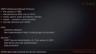 # dnp3
DNP3 Distributed Network Protocol
• ﬁrst version in 1990
• standartized by IEEE only on 2010
• mainly used in water and electric industry
• master - outstation communication
• tcp/udp standard port 20000
!
tools:
	 wireshark dissector
	 free implementation https://code.google.com/p/dnp3/
!
security ?
	 DNP3 Secure Authentication v5. First version in 2007.
	 Add device and user authentication
	 Data protection
16SCADA deep inside: protocols and security mechanisms		 	 	 	 	 	 	 CONFIDENCE 2014
 