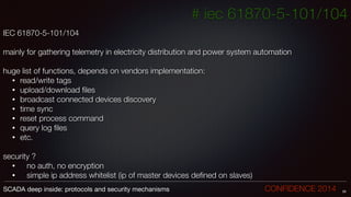 # iec 61870-5-101/104
IEC 61870-5-101/104
!
mainly for gathering telemetry in electricity distribution and power system automation
!
huge list of functions, depends on vendors implementation:
• read/write tags
• upload/download ﬁles
• broadcast connected devices discovery
• time sync
• reset process command
• query log ﬁles
• etc.
!
security ?
• 	 no auth, no encryption
• 	 simple ip address whitelist (ip of master devices deﬁned on slaves)
29SCADA deep inside: protocols and security mechanisms		 	 	 	 	 	 	 CONFIDENCE 2014
 
