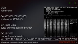 # FTE
0x23
node index
!
0x433330302023303335
node name (C300 #5)
!
0x44 and 0xca
bytes of some packets counter
!
0x32312032
part of ﬁrmware version
full: EXP3 10.1-65.57 Sat Dec 06 20:22:33 2008 (Fri Nov 21 20:22:57 2008)
35SCADA deep inside: protocols and security mechanisms		 	 	 	 	 	 	 CONFIDENCE 2014
 
