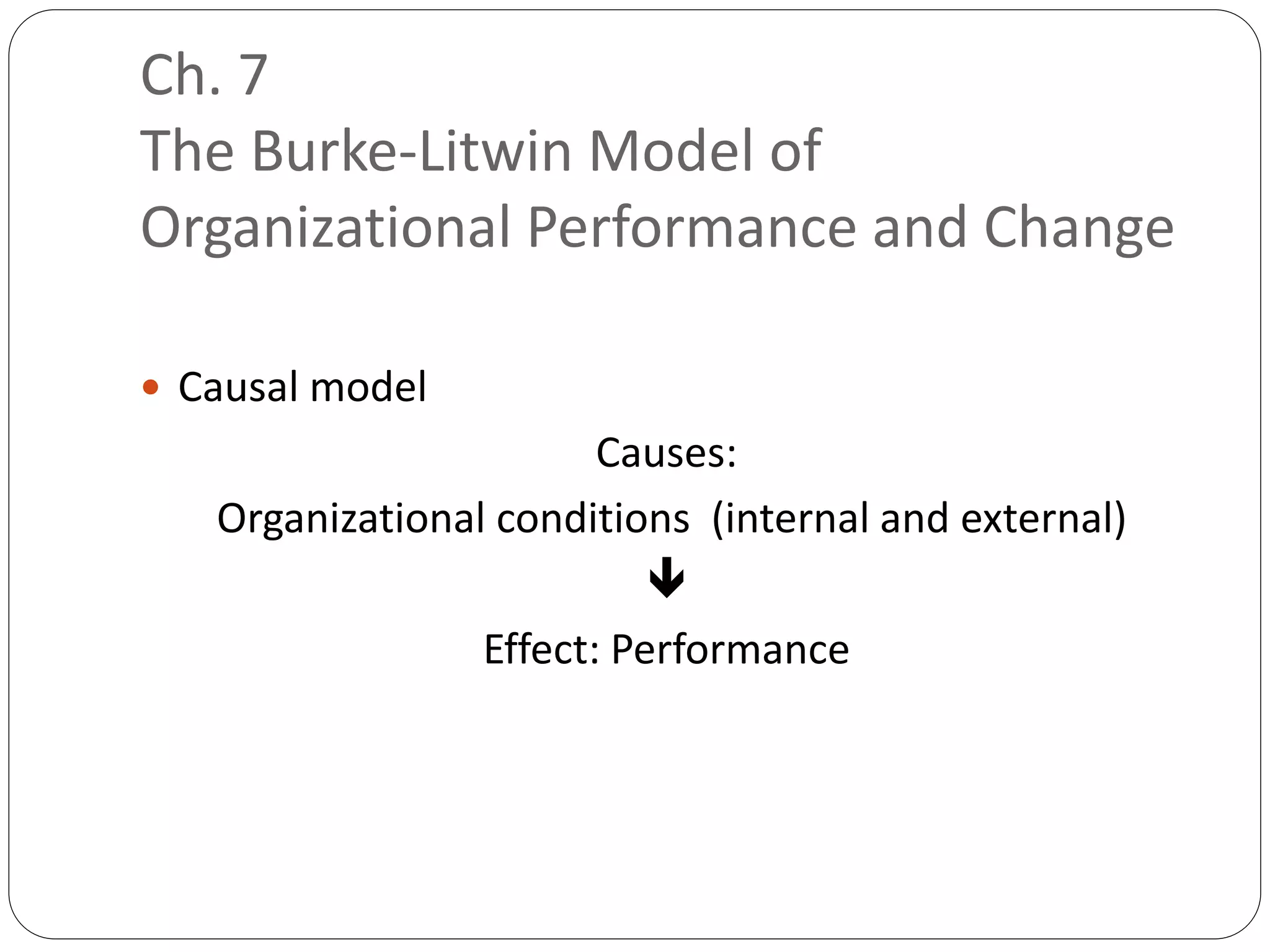 Ch. 7
The Burke-Litwin Model of
Organizational Performance and Change
 Causal model
Causes:
Organizational conditions (internal and external)

Effect: Performance
 