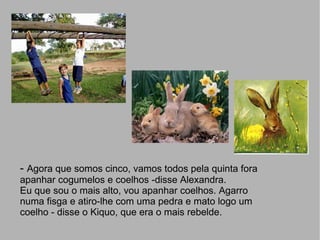 -  Agora que somos cinco, vamos todos pela quinta fora apanhar cogumelos e coelhos -disse Alexandra. Eu que sou o mais alto, vou apanhar coelhos. Agarro numa fisga e atiro-lhe com uma pedra e mato logo um coelho - disse o Kiquo, que era o mais rebelde. 