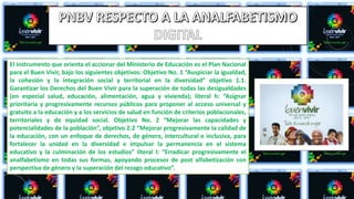 El instrumento que orienta el accionar del Ministerio de Educación es el Plan Nacional
para el Buen Vivir, bajo los siguientes objetivos: Objetivo No. 1 “Auspiciar la igualdad,
la cohesión y la integración social y territorial en la diversidad” objetivo 1.1.
Garantizar los Derechos del Buen Vivir para la superación de todas las desigualdades
(en especial salud, educación, alimentación, agua y vivienda); literal h: “Asignar
prioritaria y progresivamente recursos públicos para proponer al acceso universal y
gratuito a la educación y a los servicios de salud en función de criterios poblacionales,
territoriales y de equidad social. Objetivo No. 2 “Mejorar las capacidades y
potencialidades de la población”, objetivo 2.2 “Mejorar progresivamente la calidad de
la educación, con un enfoque de derechos, de género, intercultural e inclusiva, para
fortalecer la unidad en la diversidad e impulsar la permanencia en el sistema
educativo y la culminación de los estudios” literal I: “Erradicar progresivamente el
analfabetismo en todas sus formas, apoyando procesos de post alfabetización con
perspectiva de género y la superación del rezago educativo”.
 