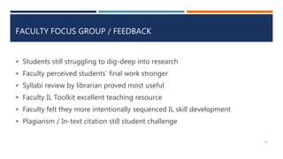 FACULTY FOCUS GROUP / FEEDBACK
 Students still struggling to dig-deep into research
 Faculty perceived students’ final w...