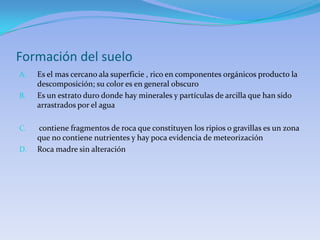 Formación del suelo
A.   Es el mas cercano ala superficie , rico en componentes orgánicos producto la
     descomposición; su color es en general obscuro
B.   Es un estrato duro donde hay minerales y partículas de arcilla que han sido
     arrastrados por el agua

C.   contiene fragmentos de roca que constituyen los ripios o gravillas es un zona
     que no contiene nutrientes y hay poca evidencia de meteorización
D.   Roca madre sin alteración
 