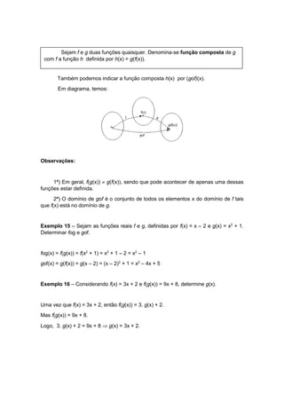 Também podemos indicar a função composta h(x) por (gof)(x).
Em diagrama, temos:
Observações:
1ª) Em geral, f(g(x))  g(f(x)), sendo que pode acontecer de apenas uma dessas
funções estar definida.
2ª) O domínio de gof é o conjunto de todos os elementos x do domínio de f tais
que f(x) está no domínio de g.
Exemplo 15 – Sejam as funções reais f e g, definidas por f(x) = x – 2 e g(x) = x2
+ 1.
Determinar fog e gof.
fog(x) = f(g(x)) = f(x2
+ 1) = x2
+ 1 – 2 = x2
– 1
gof(x) = g(f(x)) = g(x – 2) = (x – 2)2
+ 1 = x2
– 4x + 5
Exemplo 16 – Considerando f(x) = 3x + 2 e f(g(x)) = 9x + 8, determine g(x).
Uma vez que f(x) = 3x + 2, então f(g(x)) = 3. g(x) + 2.
Mas f(g(x)) = 9x + 8.
Logo, 3. g(x) + 2 = 9x + 8  g(x) = 3x + 2.
Sejam f e g duas funções quaisquer. Denomina-se função composta de g
com f a função h definida por h(x) = g(f(x)).
 