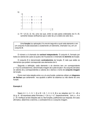 b)
c) R = {(1,2), (2, 4)}, uma vez que, entre os seis pares ordenados de A x B,
somente nesses verificamos que o valor de y é o dobro do valor de x.
O número x é chamado de variável independente. O conjunto A, formado por
todos os valores de x para os quais a lei f é possível, é chamado de domínio da função.
O conjunto B é denominado contradomínio da função. É nele que estão os
elementos que podem corresponder aos elementos de A.
Segundo a definição, cada elemento x do domínio tem um correspondente
y = f (x) no contradomínio, denominado imagem de x pela função f. Ao conjunto de todos
os valores de y correspondentes a valores de x damos o nome de conjunto imagem
da função.
Como nem toda relação entre x e y é uma função, podemos utilizar um diagrama
de flechas que certamente nos ajudará a definir se estamos ou não diante de uma
função.
Exemplo 2
Sejam A = { –1, 0, 1, 2} e B = {0, 1, 2, 4, 6, 8} e as relações (a) f: A B e
(b) g: A B expressas pelas fórmulas y = 2x e y = x2
, respectivamente, com x  A e
y  B. Verifique se tais relações são ou não funções, justificando sua resposta. Em caso
afirmativo, determine o domínio, o contradomínio e o conjunto imagem.
Uma função (ou aplicação) f é uma lei segundo a qual cada elemento x em
um conjunto A está associado a exatamente um elemento, chamado f (x), em um
conjunto B.
 