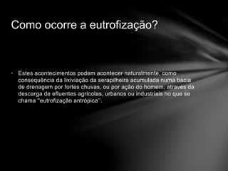 • Estes acontecimentos podem acontecer naturalmente, como
consequência da lixiviação da serapilheira acumulada numa bacia
de drenagem por fortes chuvas, ou por ação do homem, através da
descarga de efluentes agrícolas, urbanos ou industriais no que se
chama ''eutrofização antrópica’’.
Como ocorre a eutrofização?
 