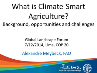 What is Climate-Smart Agriculture? Background, opportunities and challenges 
Global Landscape Forum 7/12/2014, Lima, COP 20 Alexandre Meybeck, FAO  