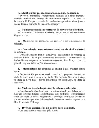 1.- Manifestações que são contrárias à vontade do médium.
     - Diversos exemplos; - experiências notáveis do Senhor Dexter; -
exemplo notável no começo do movimento espírita; - o caso do
Reverendo E. Phelps; exemplo de combustão espontânea de objetos, a
este da Rússia: narração do Senhor Schtchapov.

   2. - Manifestações que são contrárias às convicções do médium.
   - O testemunho do Senhor A. (Oxon); - experiências dos Professores
Wagner e Hare.

   3. - Manifestações contrárias ao caráter e aos sentimentos do
médium.

    4. - Comunicações cuja natureza está acima do nível intelectual
do médium.
    - Obras de Hudson Tuttle e de Davis; - acabamento do romance de
Dickens Edwin Drood por intervenção mediúnica; - experiências do
Senhor Barkas: respostas de improviso a assuntos científicos; - o caso do
general Drayson: informações astronômicas.

     5. - Mediunidade das crianças de mama e das crianças muito
novas.
     - Os jovens Cooper e Attwood; - escrita do pequeno Jencken, na
idade de cinco anos e meio; - escrita da filha do barão Seymour Kirkup,
na idade de nove dias; - escrita em ardósia por Essie Mott, na idade de
dois anos.

     6. - Médiuns falando línguas que lhes são desconhecidas.
     - Opinião do Senhor Ennemoser; - testemunho do juiz Edmonds; - o
falar em diversas línguas desconhecidas aos médiuns; - comunicações
feitas por meio de sinais telegráficos; - execução de trechos de música
por um menino que não tinha recebido instrução musical alguma; - a
filha do senador Tallmage.

    7. - Diversos fenômenos de um gênero misto-composto.
    - Um caso curioso observado pelo Autor.
 