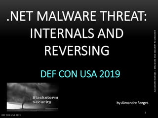 1
.NET MALWARE THREAT:
INTERNALS AND
REVERSING
DEF CON USA 2019
DEF CON USA 2019
by Alexandre Borges
ALEXANDREBORGES–MALWAREANDSECURITYRESEARCHER
 