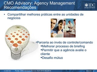 CMO Advisory: Agency Management Recomendações Compartilhar melhores práticas entre as unidades de negócios Fonte: CMO Advisory Service Abril 2010 #222814 Parceria ao invés de controle/comando Melhorar processo de briefing Permitir que a agência avalie o cliente  Desafio mútuo 