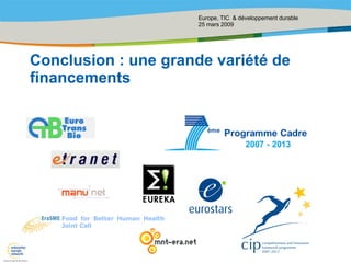 Conclusion : une grande variété de financements Food for Better Human Health Joint Call 