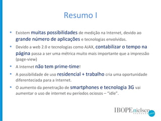 Resumo I Existem  muitas possibilidades  de medição na Internet, devido ao  grande número de aplicações  e tecnologias envolvidas. Devido a web 2.0 e tecnologias como AJAX,  contabilizar o tempo na página  passa a ser uma métrica muito mais importante que a impressão (page-view) A Internet  não tem prime-time !  A possibilidade de uso  residencial + trabalho  cria uma oportunidade diferenteciada para a Internet. O aumento da penetração de  smartphones e tecnologia 3G  vai aumentar o uso de internet eu períodos ociosos – “idle”. 