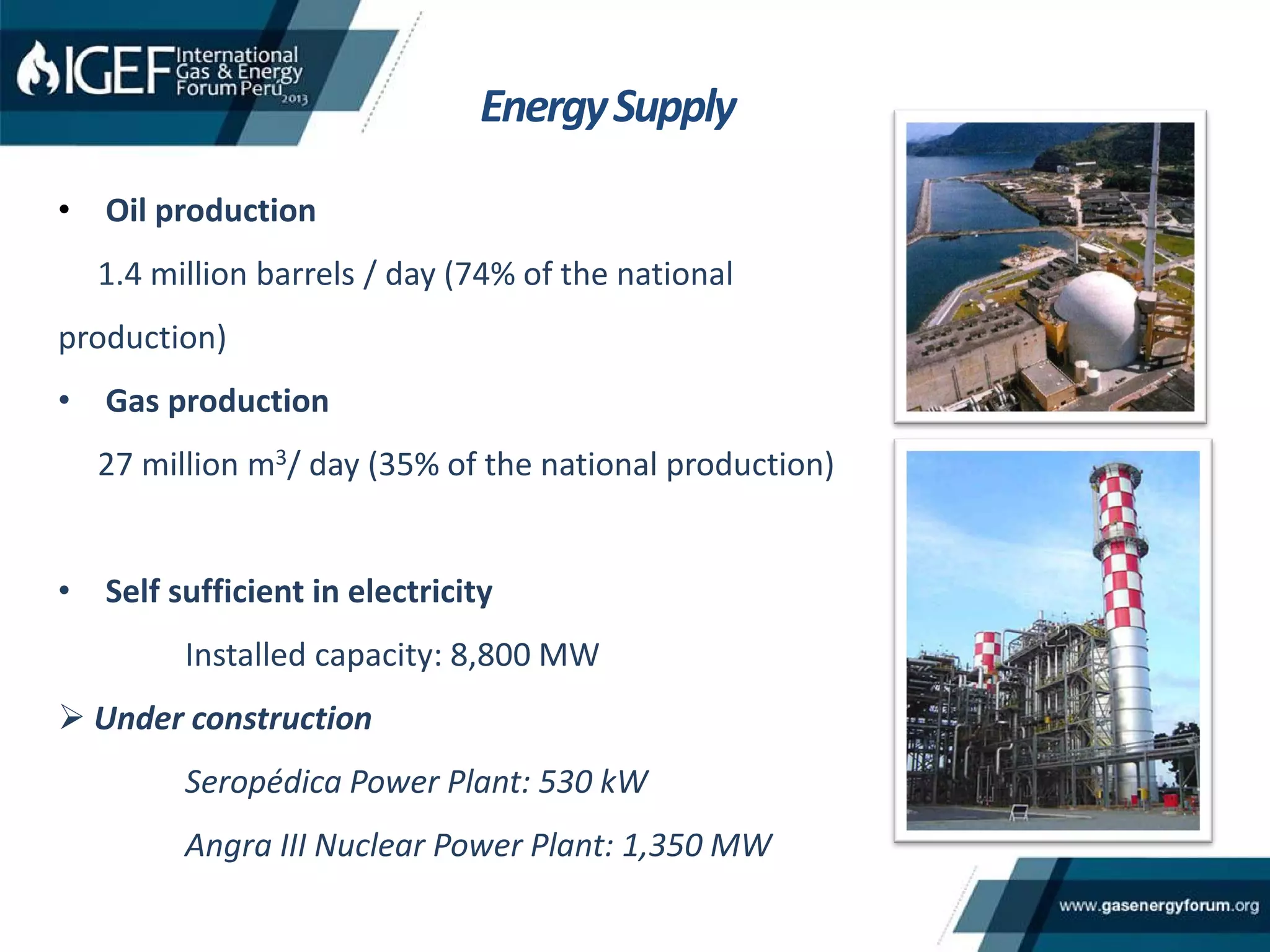 • Oil production
1.4 million barrels / day (74% of the national
production)
• Gas production
27 million m3/ day (35% of the national production)
• Self sufficient in electricity
Installed capacity: 8,800 MW
 Under construction
Seropédica Power Plant: 530 kW
Angra III Nuclear Power Plant: 1,350 MW
EnergySupply
 