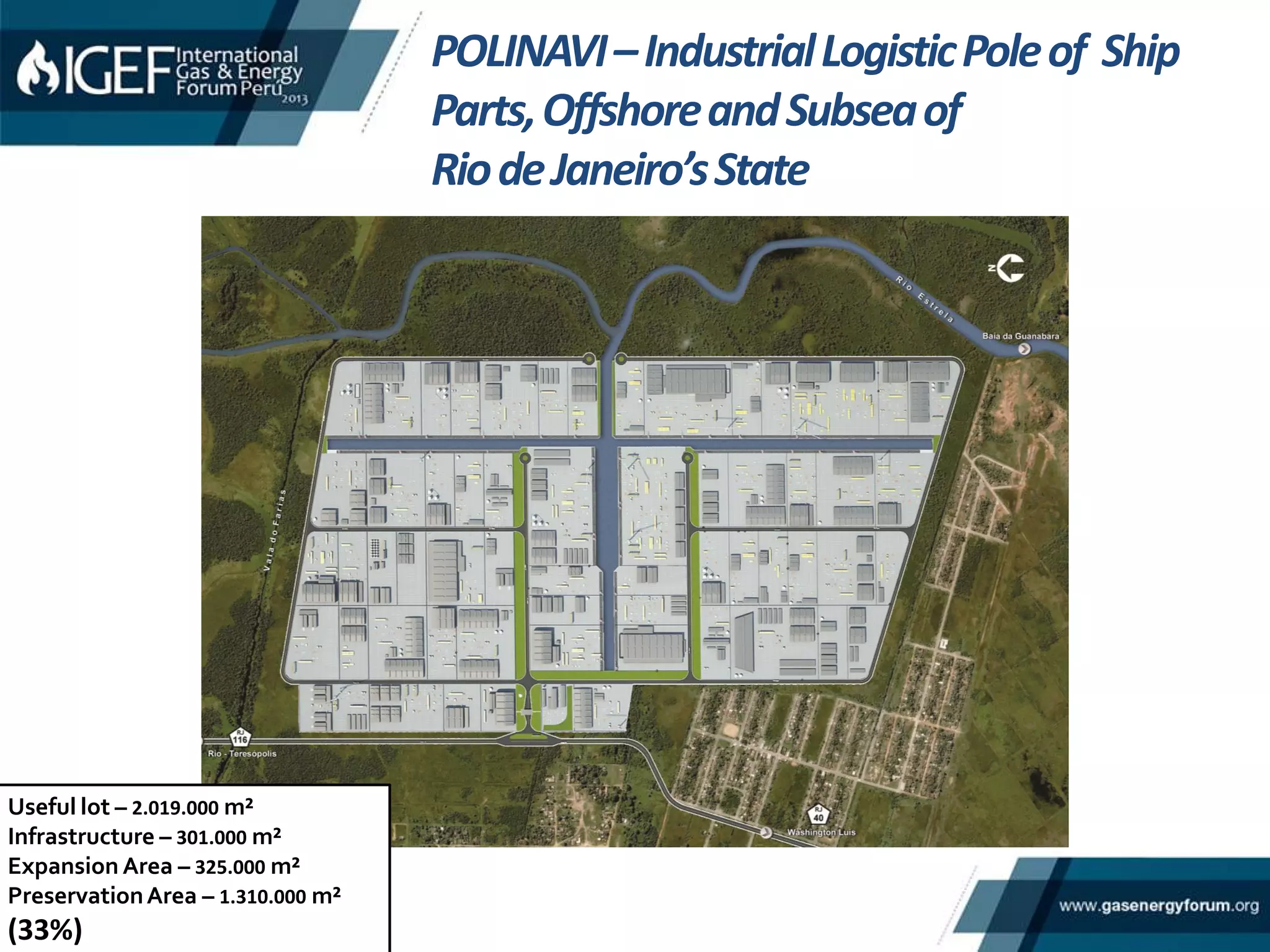 POLINAVI–IndustrialLogisticPoleof Ship
Parts,OffshoreandSubseaof
RiodeJaneiro’sState
Useful lot – 2.019.000 m²
Infrastructure – 301.000 m²
Expansion Area – 325.000 m²
PreservationArea – 1.310.000 m²
(33%)
 