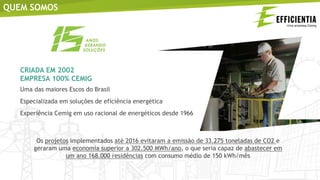 QUEM SOMOS
CRIADA EM 2002
EMPRESA 100% CEMIG
Uma das maiores Escos do Brasil
Especializada em soluções de eficiência energética
Experiência Cemig em uso racional de energéticos desde 1966
Os projetos implementados até 2016 evitaram a emissão de 33.275 toneladas de CO2 e
geraram uma economia superior a 302.500 MWh/ano, o que seria capaz de abastecer em
um ano 168.000 residências com consumo médio de 150 kWh/mês
 