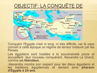 OBJECTIF: LA CONQUÊTE DE
L’EGYPTE
Conquérir l'Egypte n'est ni long, ni très difficile, car le pays
connaît à cette époque un régime de terreur instauré par les
Perses.
Les égyptiens sont hostiles à la souveraineté perse et
accueillent leur nouveau conquérant, Alexandre Le Grand,
comme un libérateur.
Alexandre montre son respect pour les dieux égyptiens et
les traditions égyptiennes et devient ainsi pharaon
d'Egypte à 24 ans.
 