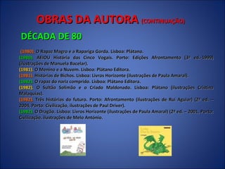 OBRAS DA AUTORA  (CONTINUAÇÃO) DÉCADA DE 80 (1980).  O Rapaz Magro e a Rapariga Gorda. Lisboa: Plátano. (1980).  AEIOU História das Cinco Vogais. Porto: Edições Afrontamento (3ª ed.-1999) (ilustrações de Manuela Bacelar).  (1981).  O Menino e a Nuvem. Lisboa: Plátano Editora.  (1981).  Histórias de Bichos. Lisboa: Livros Horizonte (ilustrações de Paula Amaral).  (1982).  O rapaz do nariz comprido. Lisboa: Plátano Editora.  (1982).  O Sultão Solimão e o Criado Maldonado. Lisboa: Plátano (ilustrações Cristina Malaquias).  (1982).  Três histórias do futuro. Porto: Afrontamento (ilustrações de Rui Aguiar) (2ª ed. – 2004, Porto: Civilização, ilustrações de Paul Driver).  (1982).  O Dragão. Lisboa: Livros Horizonte (ilustrações de Paula Amaral) (2ª ed. – 2001, Porto: Civilização, ilustrações de Melo António.  