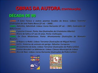 OBRAS DA AUTORA  (CONTINUAÇÃO) DÉCADA DE 90 ( 1990).  A Gata Tareca e outros poemas levados da breca. Lisboa: Teorema (ilustrações de José Pedro Bessa (2ª ed. – 2000) .  (1991).  Adivinha, Adivinha4. Lisboa: Livros Horizonte (4ª ed. – 2001, ilustrações de Sofia Lucas).  (1992).  É preciso Crescer. Porto: Asa (ilustrações de Crisóstomo Alberto).  (1994).  Diário de Sofia e Cª aos 15 anos. Porto: Civilização.  (1994).  Os Ovos Misteriosos. Porto: Afrontamento (ilustrações de Manuela Bacelar).  (1995).  O Rapaz e o Robô. Lisboa: Terramar (ilustrações de Miguel Horta).  (1996).  S.O.S.: histórias de animais em perigo. Odivelas: Europress.  (1997).  O Casamento da Gata. Lisboa: Terramar (ilustrações de Pedro Leitão).  (1998).  Vamos descobrir as bibliotecas. Lisboa: Câmara Municipal de Lisboa.  (1999).  Arca de Noé. Lisboa: Livros Horizonte (ilustrações de Pedro Leitão).  