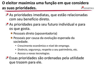O eleitor maximiza uma função em que considera
as suas prioridades.
As prioridades imediatas, que estão relacionadas
com seu benefício direto.
As prioridades para seu futuro individual e para
os que gosta.
Pessoais direto (aposentadoria)
Pessoais por causa da evolução esperada da
sociedade.
• Crescimento econômico e nível de emprego.
• Divórcio, segurança, respeito a seu patrimônio, etc.
• Acesso a novas tecnologias.
Essas prioridades são ordenadas pela utilidade
que trazem para ele.
 