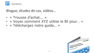 www.publipage.com24
Blogue, études de cas, vidéos…
• « Trousse d’achat... »
• « Voyez comment XYZ utilise le BI pour… »
• « Téléchargez notre guide… »
Contenu
 