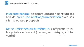 www.publipage.com3
Plusieurs canaux de communication sont utilisés
afin de créer une relation/conversation avec ses
clients ou ses prospects.
Ne se limite pas au numérique. Comprend tous
les points de contact (papier, numérique, contact
vente)
MARKETING RELATIONNEL
 