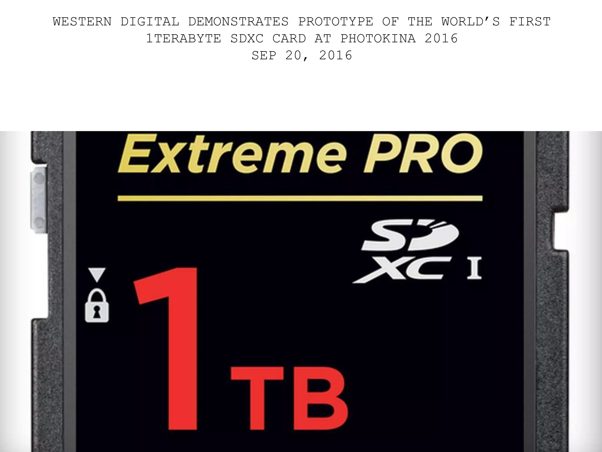 WESTERN DIGITAL DEMONSTRATES PROTOTYPE OF THE WORLD’S FIRST
1TERABYTE SDXC CARD AT PHOTOKINA 2016
SEP 20, 2016
 