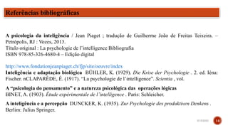 A psicologia da inteligência / Jean Piaget ; tradução de Guilherme João de Freitas Teixeira. –
Petrópolis, RJ : Vozes, 2013.
Título original : La psychologie de l’intelligence Bibliografia
ISBN 978-85-326-4680-4 – Edição digital
http://www.fondationjeanpiaget.ch/fjp/site/oeuvre/index
Inteligência e adaptação biológica BÜHLER, K. (1929). Die Krise der Psychologie . 2. ed. Iéna:
Fischer. nCLAPARÈDE, É. (1917). “La psychologie de l’intelligence”. Scientia , vol.
A “psicologia do pensamento” e a natureza psicológica das operações lógicas
BINET, A. (1903). Étude expérimentale de l’intelligence . Paris: Schleicher.
A inteligência e a percepção DUNCKER, K. (1935). Zur Psychologie des produktiven Denkens .
Berlim: Julius Springer.
Referências bibliográficas
3/15/2023 14
 