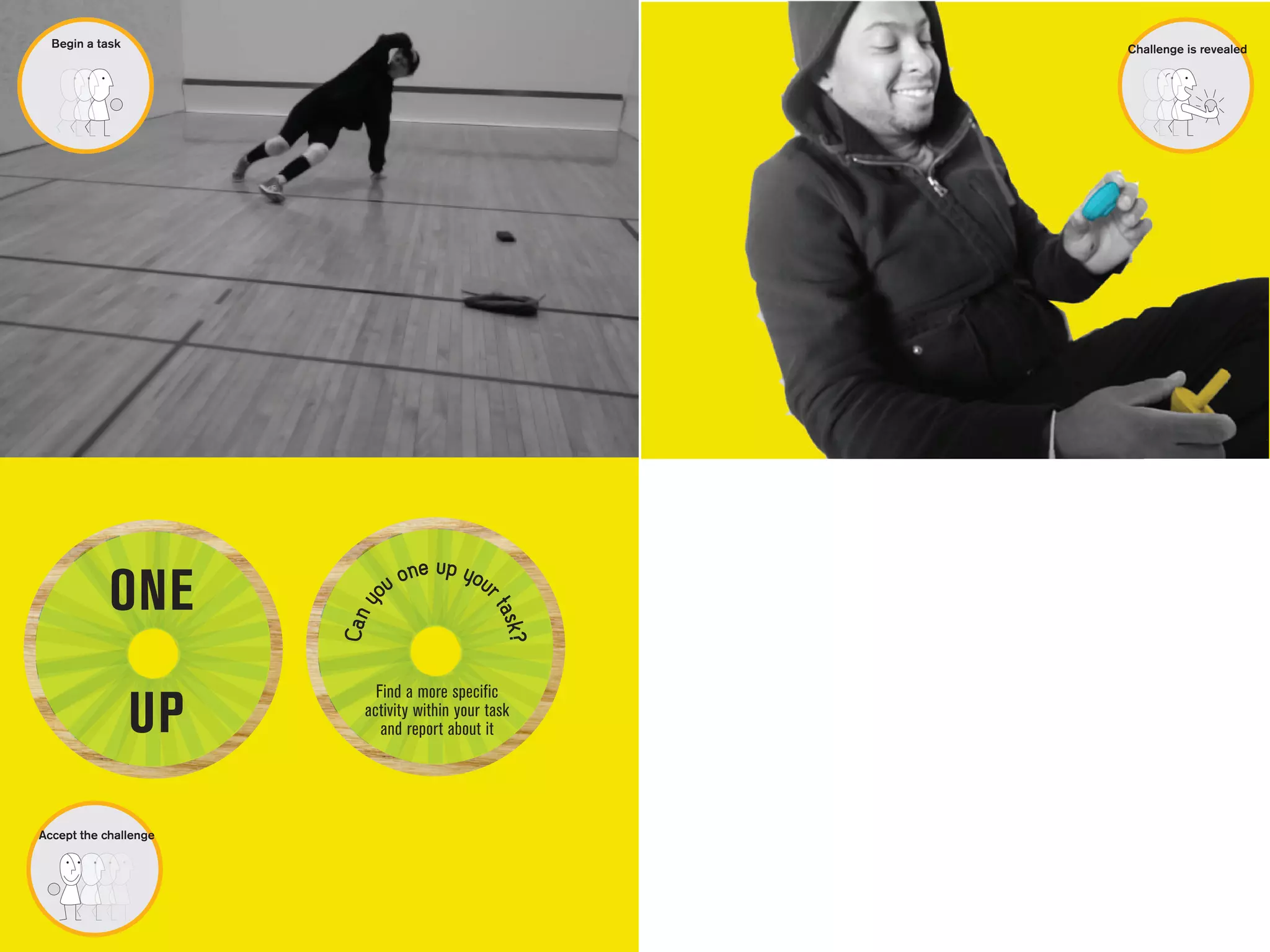 Begin a task                                         Challenge is revealed




                               one up you
            ONE             ou
                                             r ta
                       Can y



                                                 sk?




                 UP
                            Find a more specific
                          activity within your task
                             and report about it




Accept the challenge
 