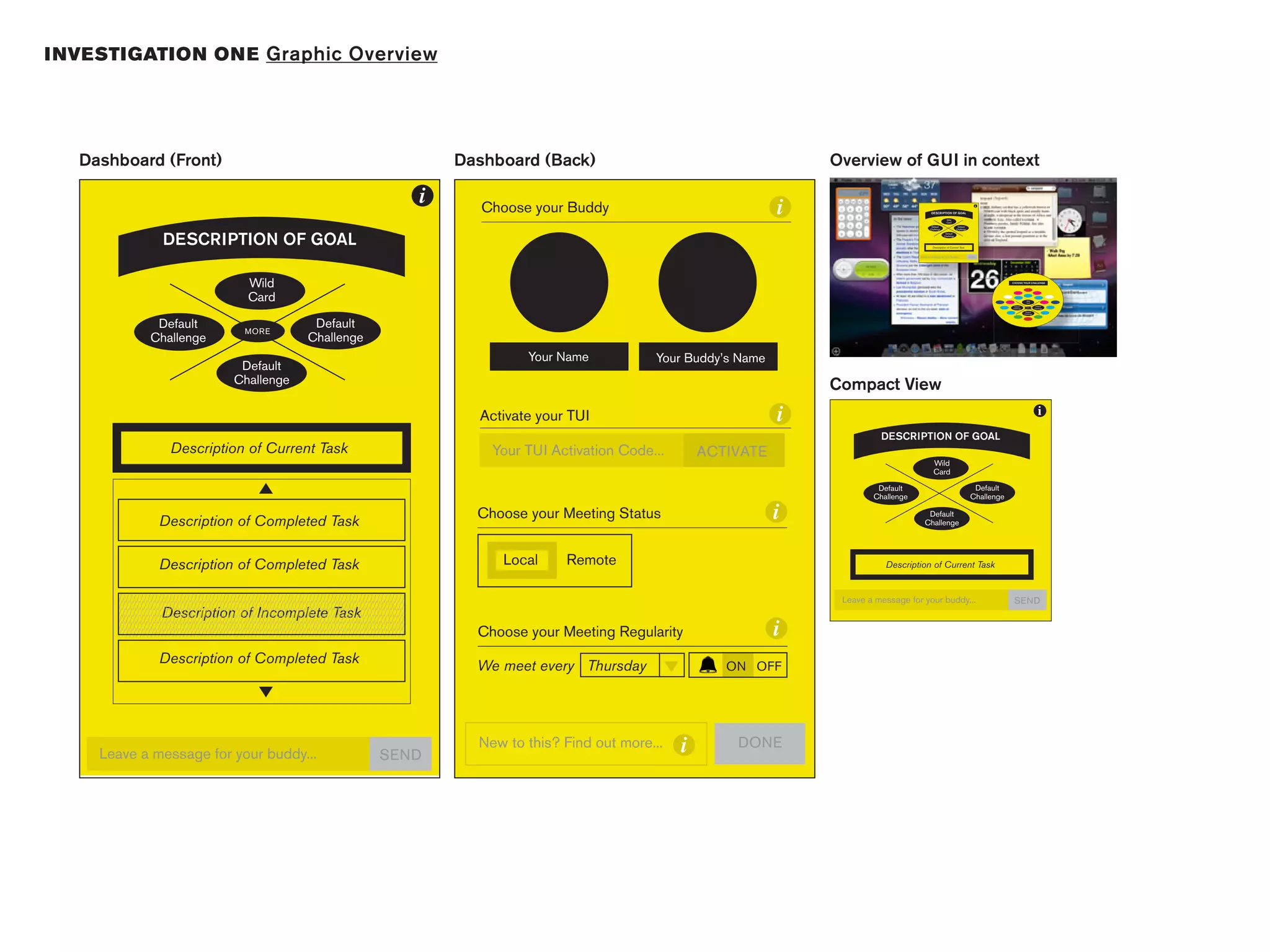 I NVESTIGATION ON E Graphic Overview




   Dashboard (Front)                                                                          Dashboard (Back)                                     Overview of GUI in context

                                                                                          i      Choose your Buddy                             i                                DESCRIPTION OF GOAL

                                                                                                                                                                                             Wild
                                                                                                                                                                                             Card
                                                                                                                                                                                                                      i




                                                                                                                                                                                Default                 Default
                                                                                                                                                                               Challenge               Challenge




                   DESCRIPTION OF GOAL
                                                                                                                                                                                            Default
                                                                                                                                                                                           Challenge



                                                                                                                                                                                 Description of Current Task


                                                                                                                                                                       Leave a message for your buddy...           SEND




                                           Wild                                                                                                                                                                                 CHOOSE YOUR CHALLENGE




                                           Card                                                                                                                                                                                  Default
                                                                                                                                                                                                                                              Wild
                                                                                                                                                                                                                                              Card

                                                                                                                                                                                                                                                         Default
                                                                                                                                                                                                                                              MORE
                                                                                                                                                                                                                                Challenge               Challenge

                                                                                                                                                                                                                                             Default
                                                                                                                                                                                                                                            Challenge




                Default                   MORE
                                                            Default
               Challenge                                   Challenge
                                                                                                       Your Name           Your Buddy’s Name
                                        Default
                                       Challenge                                                                                                   Compact View
                                                                                                Activate your TUI                              i                                                                                                            i
                                                                                                                                                             DESCRIPTION OF GOAL
                     Description of Current Task                                                  Your TUI Activation Code...       ACTIVATE
                                                                                                                                                                                 Wild
                                                                                                                                                                                 Card

                                                                                                                                                            Default                                                  Default


                                                                                                                                               i
                                                                                                                                                           Challenge                                                Challenge

                                                                                                Choose your Meeting Status                                                 Default
                  Description of Completed Task                                                                                                                           Challenge




                  Description of Completed Task                                                    Local     Remote                                           Description of Current Task


       ////////////////////////////////////////////////////////////////////////////////
       ////////////////////////////////////////////////////////////////////////////////
                                                                                                                                                    Leave a message for your buddy...                                            SEND
       ////////////////////////////////////////////////////////////////////////////////
                   Description of Incomplete Task
                                                                                                                                               i
       ////////////////////////////////////////////////////////////////////////////////
       ////////////////////////////////////////////////////////////////////////////////
       ////////////////////////////////////////////////////////////////////////////////         Choose your Meeting Regularity
                  Description of Completed Task                                                 We meet every Thursday                 ON OFF




     Leave a message for your buddy...                                         SEND
                                                                                                New to this? Find out more...   i       DONE
 