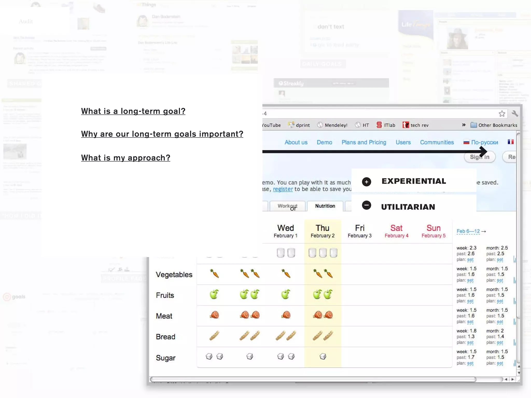 Audit




                                                                              DAI LY GOALS


  S HAR E D GOALS



                    What is a long-term goal?
                                  ACCUMULATING GOALS

                    Why are our long-term goals important?
                                                                    PROFILE

                    What is my approach?                                                             PROFILE



                                                                                             +   EXPE R I E NTIAL


                                                                        or                       UTI LITAR IAN
“HOW I DI D IT”




                                                                                                   CREATING STAKES



                         PROFI LE PAG E

                                                             MAKING A GOAL
 