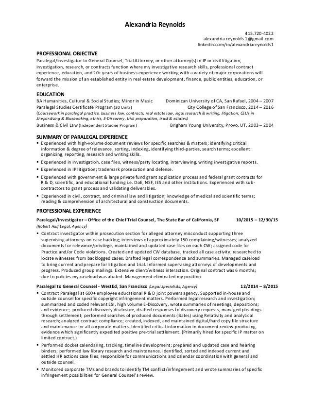 alexandria reynolds paralegal resume esi paralegal resume