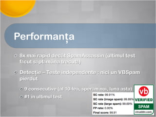 Performanța
!   8x mai rapid decât SpamAssassin (ultimul test
făcut săptămâna trecută)
! Detecție – Teste independente : nici un VBSpam
pierdut
!   9 consecutive (al 10-lea, sperăm noi, luna asta)
!   #1 în ultimul test
 