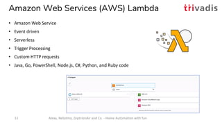 Amazon Web Services (AWS) Lambda
• Amazon Web Service
• Event driven
• Serverless
• Trigger Processing
• Custom HTTP reque...