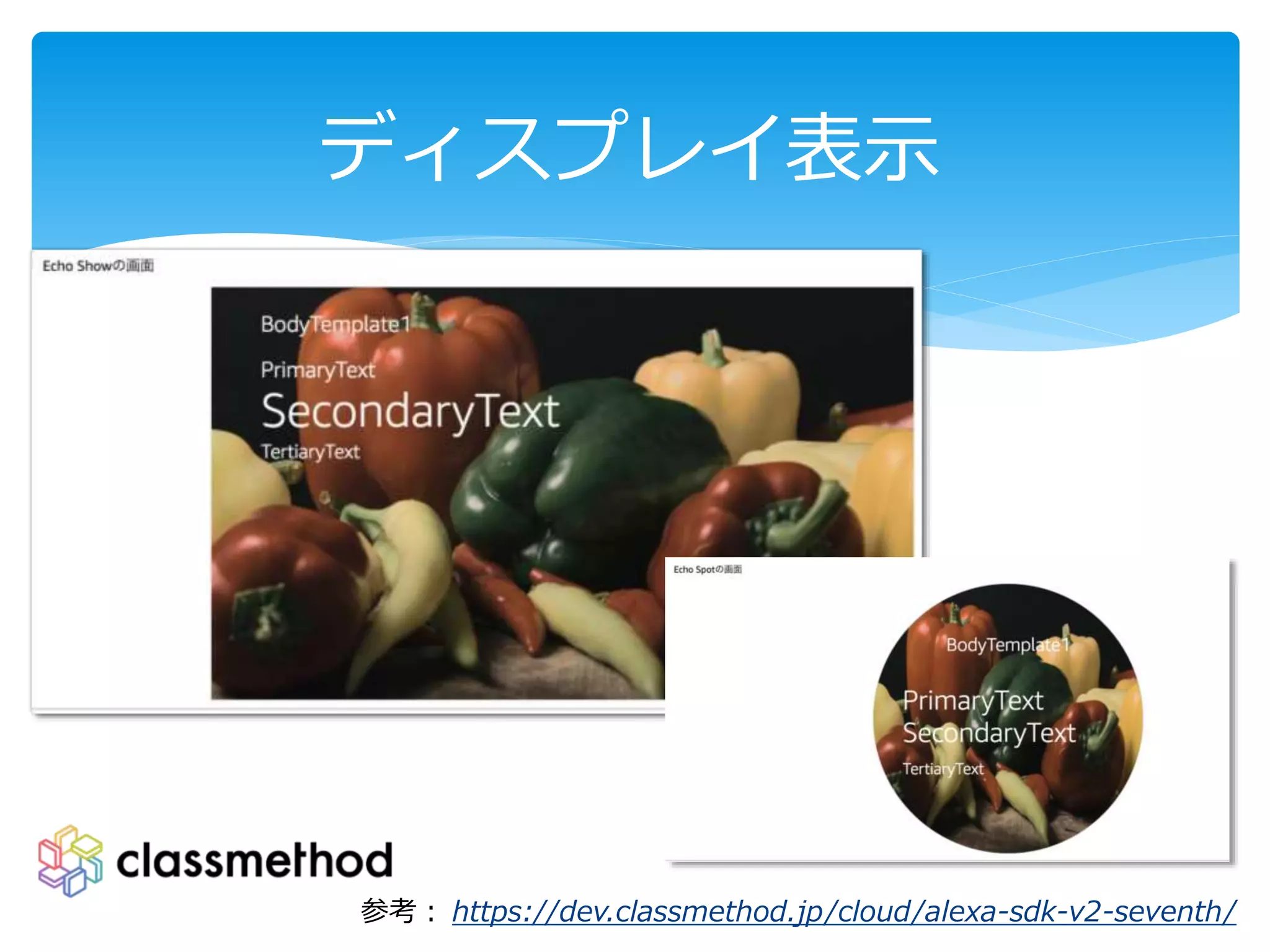 ディスプレイ表示
参考： https://dev.classmethod.jp/cloud/alexa-sdk-v2-seventh/
 