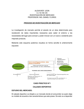 ALEXAVIER LEON
C.I.19.159.125
INVESTIGACIÓN DE MERCADO
PROFERSOR: ING. DANIEL FLORES
PROCESO DE INVESTIGACIÓN DE MERCADO
La investigación de mercado permite el estudio de un área determinada para
recolección de datos importantes necesarios para saber el entorno y las
necesidades del lugar para conocer y poder innovar con un nuevo o existente pero
mejorado producto.
Mediante este esquema podemos visualiza en forma sencilla lo anteriormente
expuesto:
CASO PRÁCTICO N°1
CALZADO DEPORTIVO
ESTUDIO DEL MERCADO:
El calzado deportivo va dirigido a un mercado donde el consumidor es quien elige
su modelo de acuerdo a las características que este posea. De esto va a depender
 