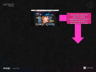 Consumers shape the
    story by making
suggestions and voting at
  YouTube.com/AXE, in
 banners, and on X-Box
 
